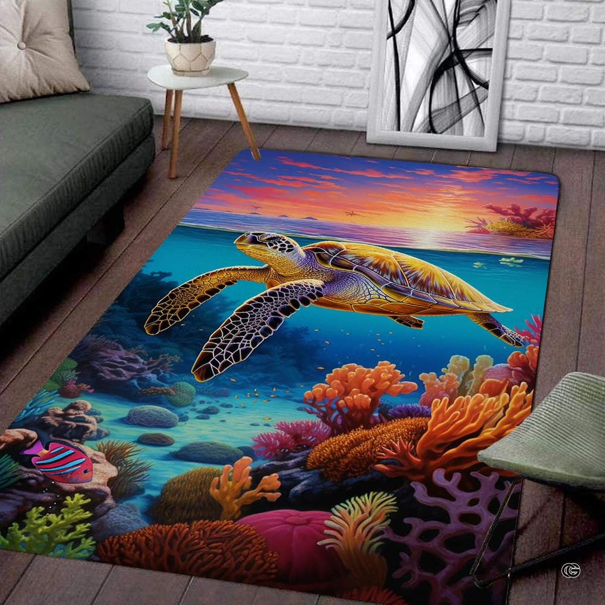 Vibrant sea turtle area rug featuring swimming sea turtle over colorful coral reef under sunset sky. - image 1 of 7
