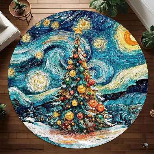 Overhead view of a round starry night Christmas tree oil painting area rug on wood floor.
