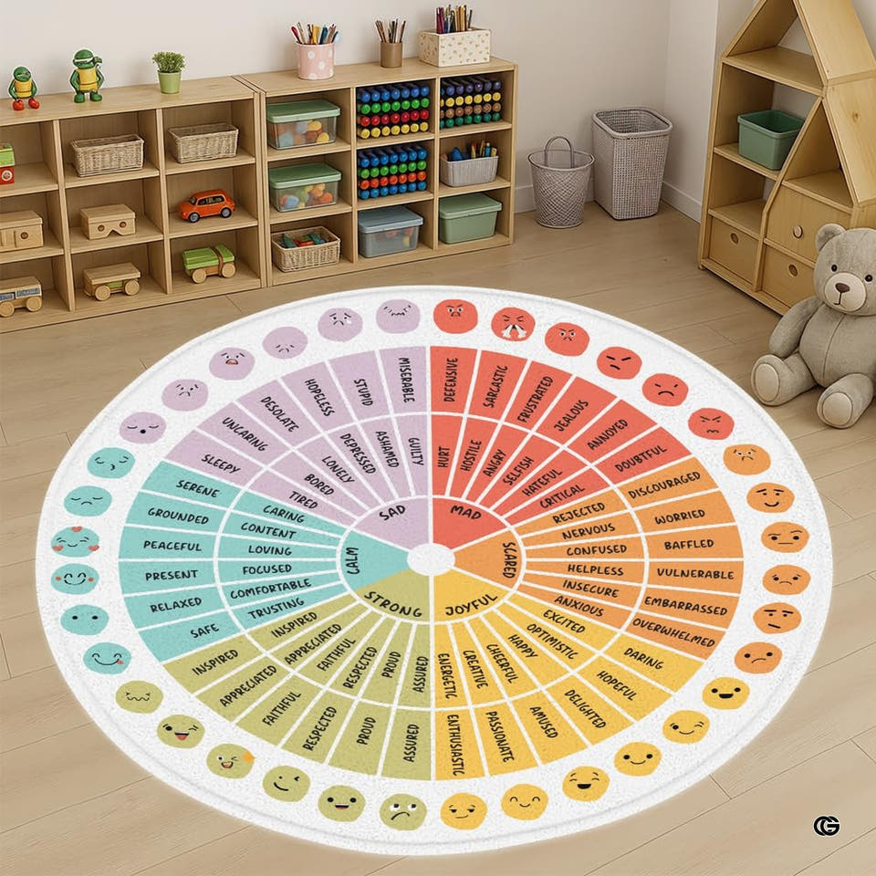 Feeling Wheel Chart Rug for Classroom - Round Emotional Regulation Mat, Calming Corner Decor, Mental Health Composition Notebook Carpet, Back to School Gift (Wheel of Feeling Classic)