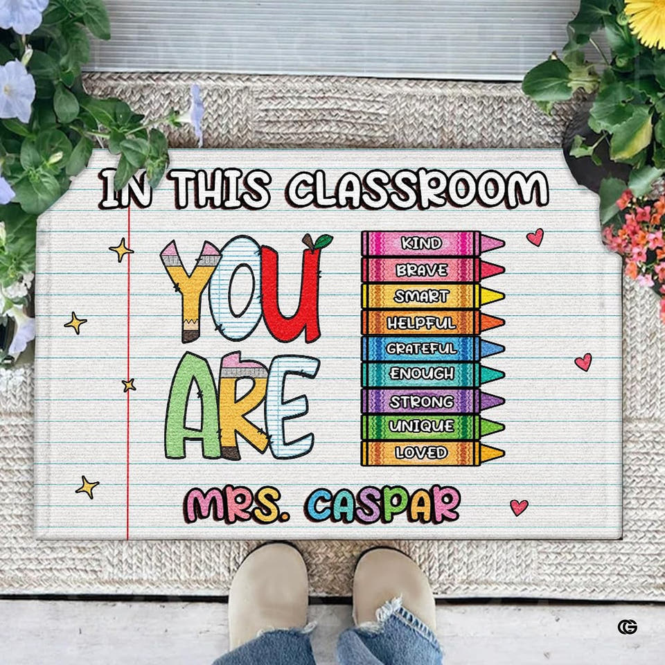 Personalized Teacher Welcome Door Mat with Name, Composition Notebook Style, Perfect Classroom Decor & Back to School Gift for Teachers (in This Classroom #3)