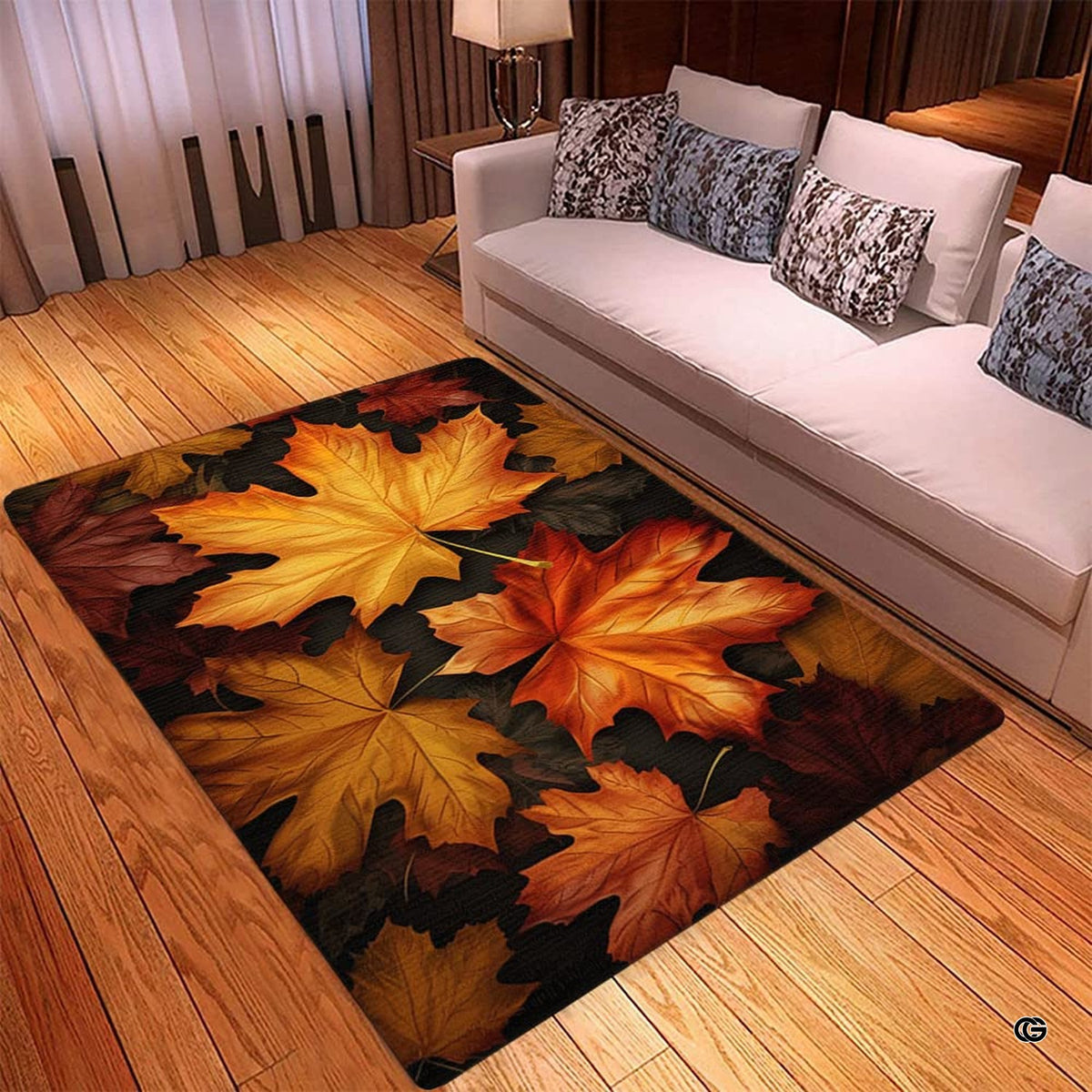 Close-up visual detail of golden yellow, amber, and burnt orange leaves on the fall maple leaf colors floor rug.