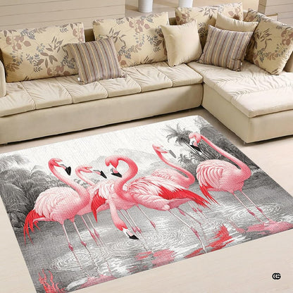 Pink flamingo flock monochrome tropical living room area rug with water reflections - thumbnail image 1 of 7