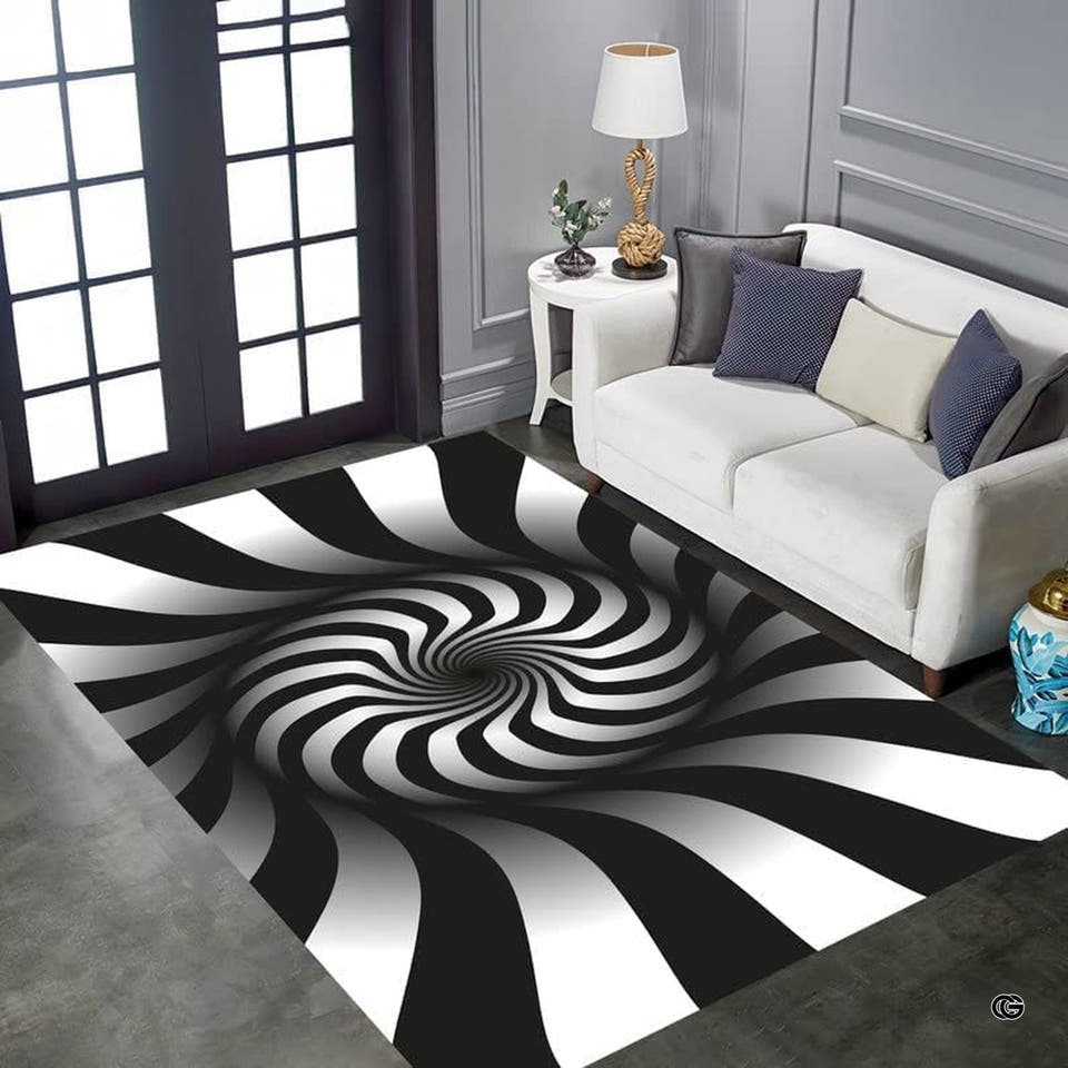3D spiral illusion quilt mat pattern classroom area rug with black and white vortex graphics