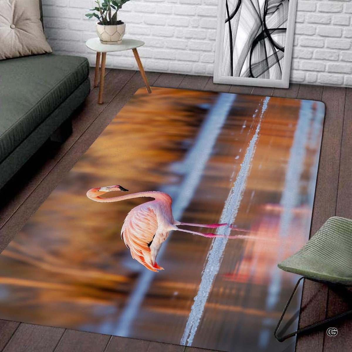 Scenic flamingo floor rug styled beneath modern furniture in an amber-lit living space. - image 2 of 7