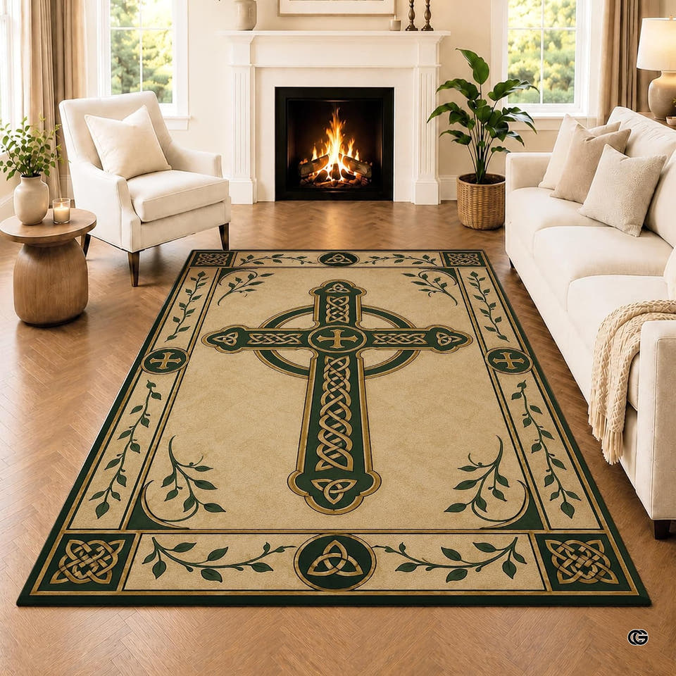 Celtic cross area rug with green knotwork and leafy vine borders on hardwood floor