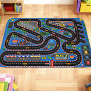Side angle view of racing circuit area rug displayed in children's bedroom space - thumbnail image 8 of 9