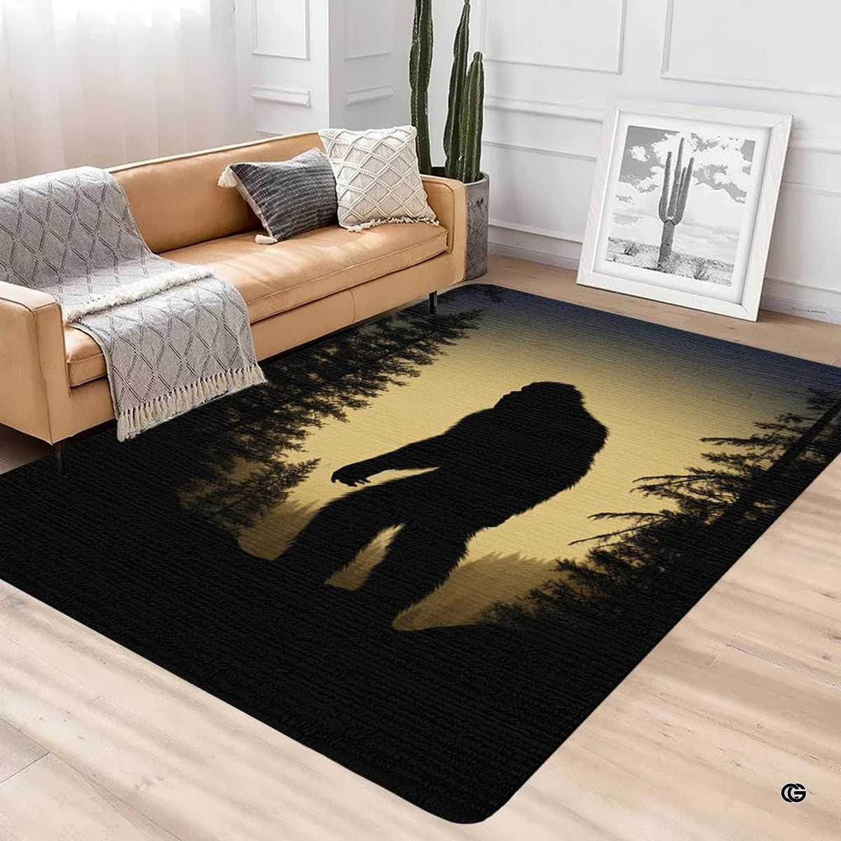 Sasquatch twilight forest silhouette area rug positioned in an earthy rustic cabin entryway.