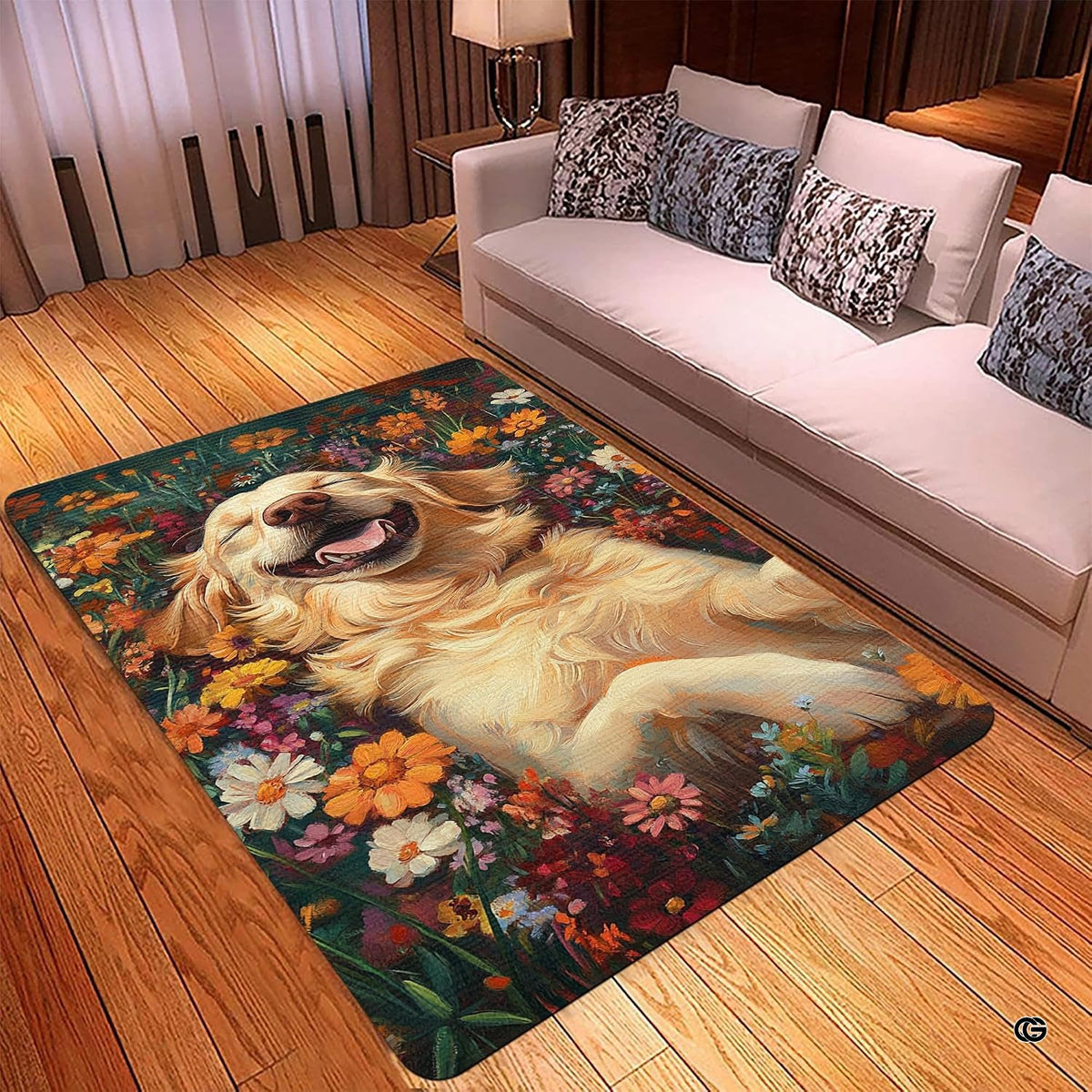 Overhead view of an artistic golden retriever with flower illustration on an area rug. - image 2 of 5