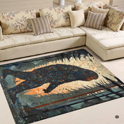 Cozy living room corner with patterned cushions showcasing mosaic bigfoot forest area rug - thumbnail image 4 of 5