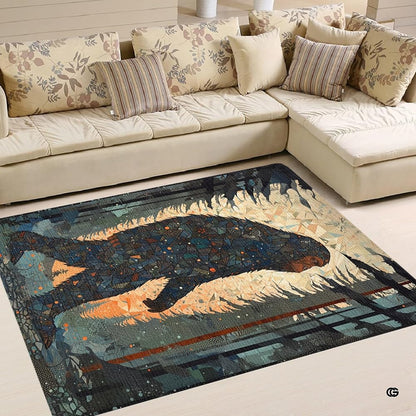 Cozy living room corner with patterned cushions showcasing mosaic bigfoot forest area rug - thumbnail image 4 of 5