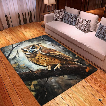 Close up texture detail showing soft pile surface and stitching of owl rug. - thumbnail image 3 of 8