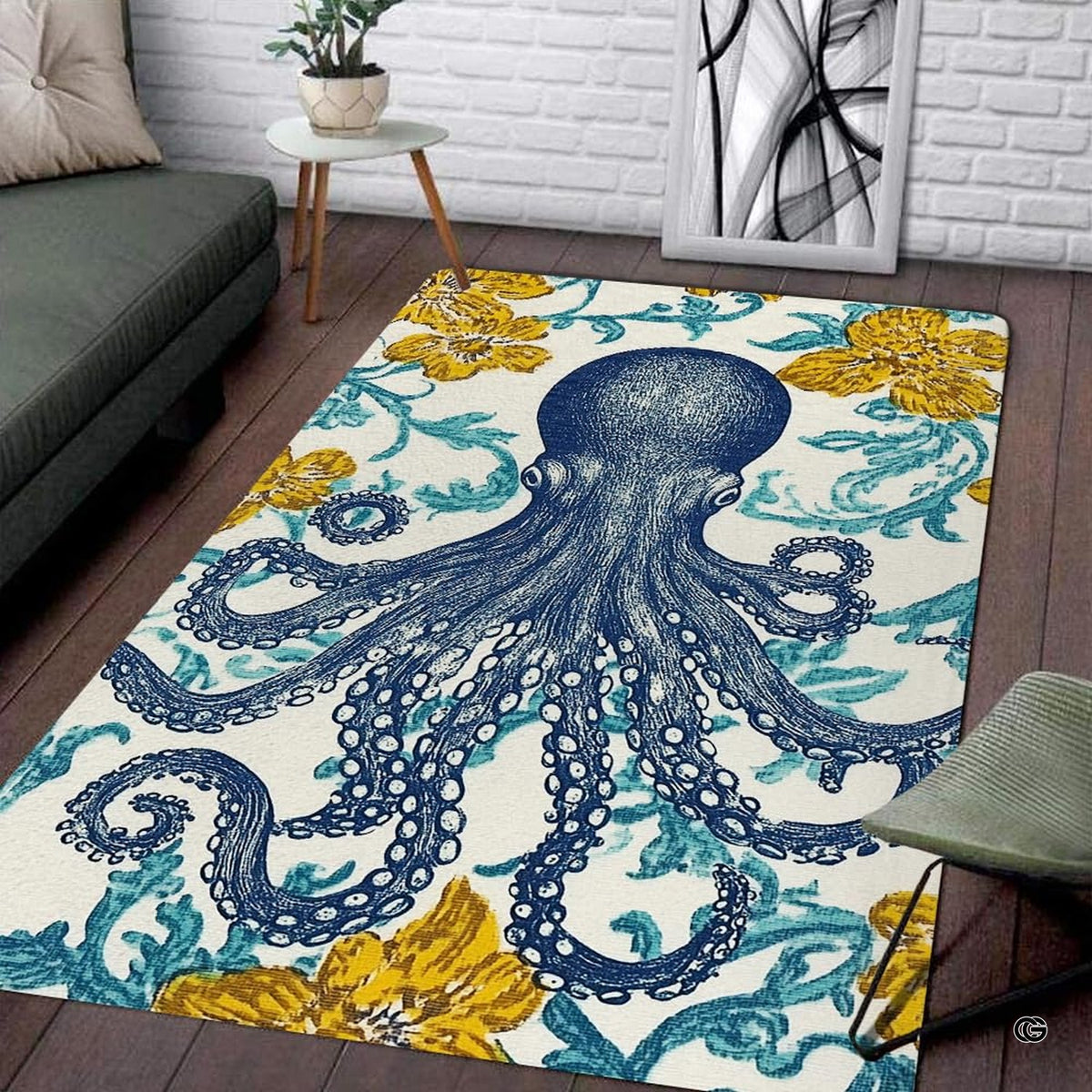 Vintage blue octopus floral illustration rectangular area rug.