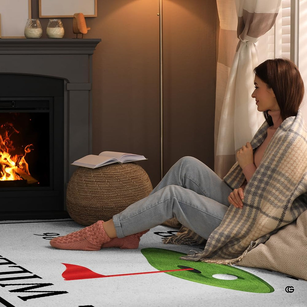 Personalized golf club putting green area rug with golf balls, red flag pin, and man cave simulator room decor. (Angle 8)