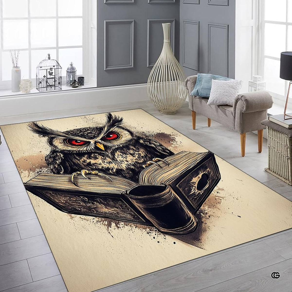 Overhead flat view of rectangular scholar owl on open book area rug