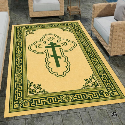 Personalized Orthodox Christian Area Rug, Custom Eastern Orthodox Russian Greek Byzantine Non-Slip Rug for Women Men, IC XC Nika Cross Mat for Living Room, Bedroom, Church Decor (D9)