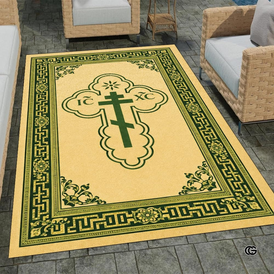 Personalized Orthodox Christian Area Rug, Custom Eastern Orthodox Russian Greek Byzantine Non-Slip Rug for Women Men, IC XC Nika Cross Mat for Living Room, Bedroom, Church Decor (D9)