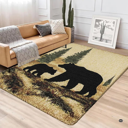 Living room setting styled with a rustic woodland bear and pine cabin treetop rug - thumbnail image 4 of 5
