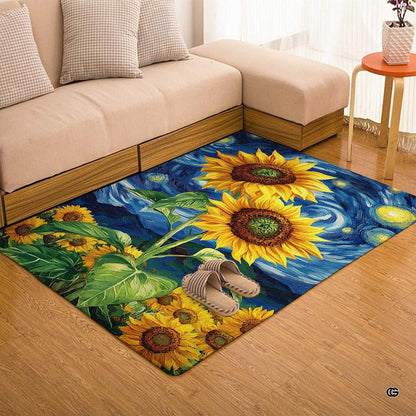 Starry night sunflower area rug placed alongside living room couch and accent furniture. - thumbnail image 7 of 7