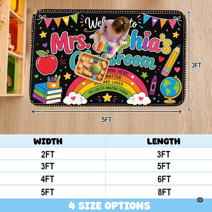 Personalized Teacher Classroom Rug, Custom Back to School Welcome Mat with Name, Kindergarten Preschool Elementary Decor, Composition Notebook Carpet (A10)
