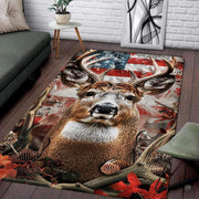 Whitetail buck deer and rustic American flag area rug displayed in a cabin living room. - thumbnail image 1 of 7