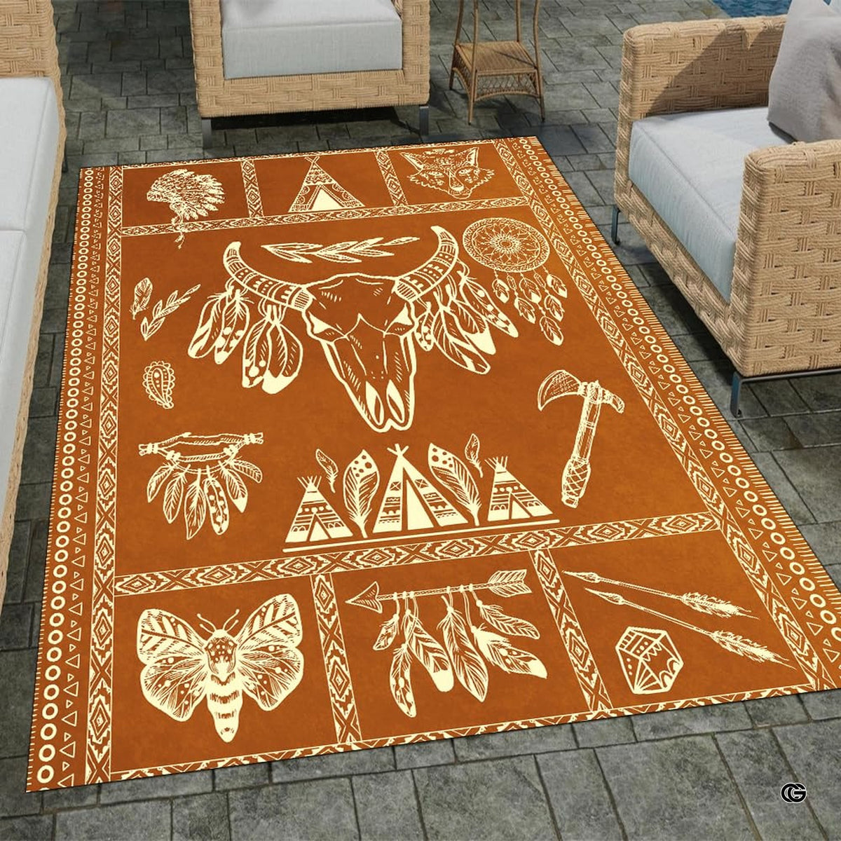 Stone patio setting featuring a southwestern bull skull tribal boho area rug