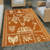 Stone patio setting featuring a southwestern bull skull tribal boho area rug