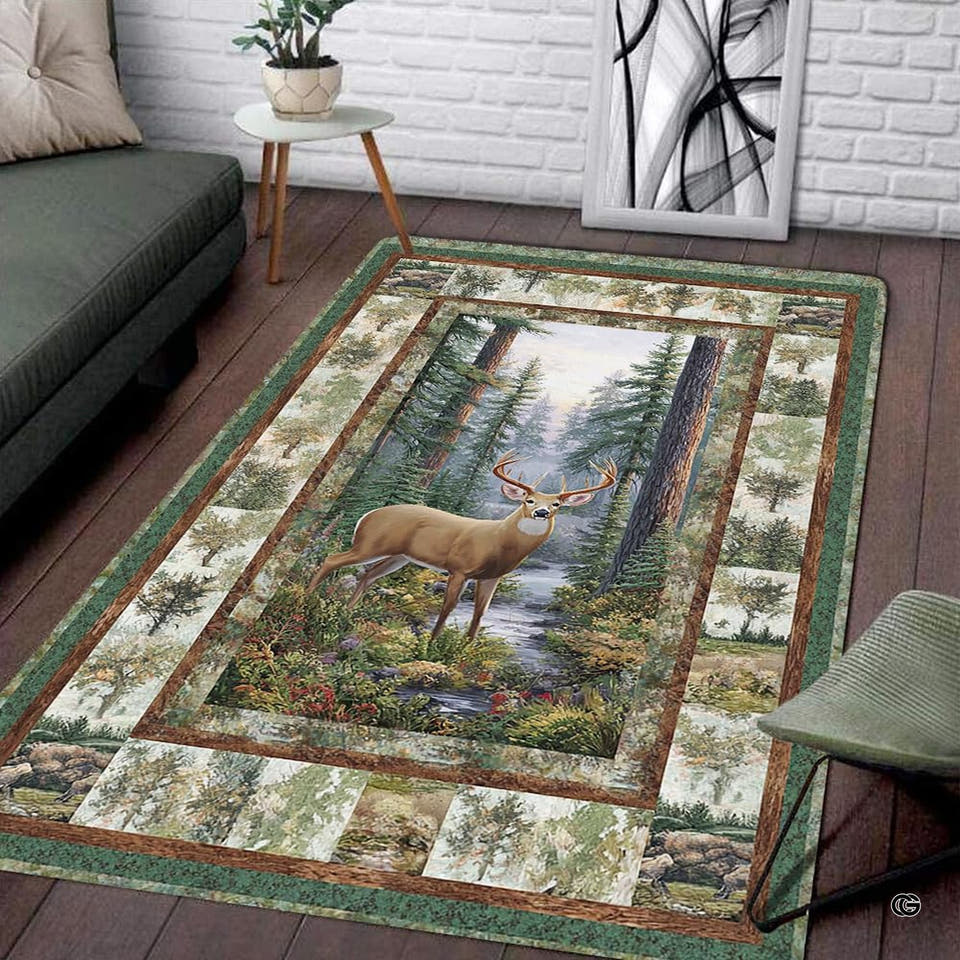 Rustic wildlife deer forest area rug featuring bear and woodland landscape panels.