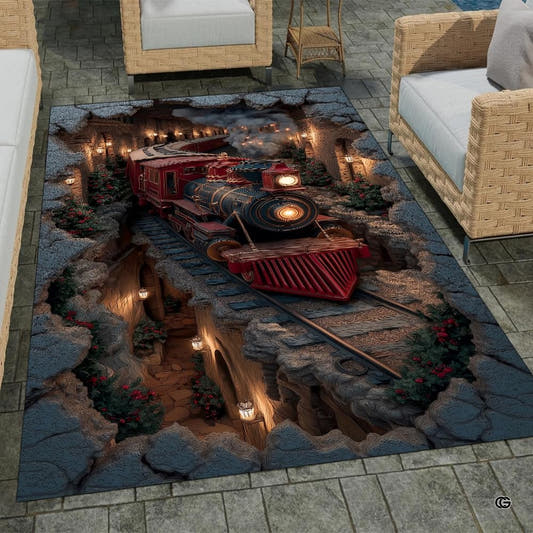 Christmas land train rugby theme showing festive holiday area rug floor placement.