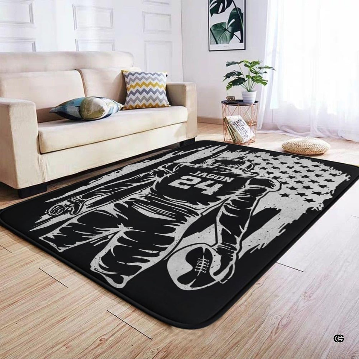 Infographic showing the non-skid dot backing and edge stitching of the football rug