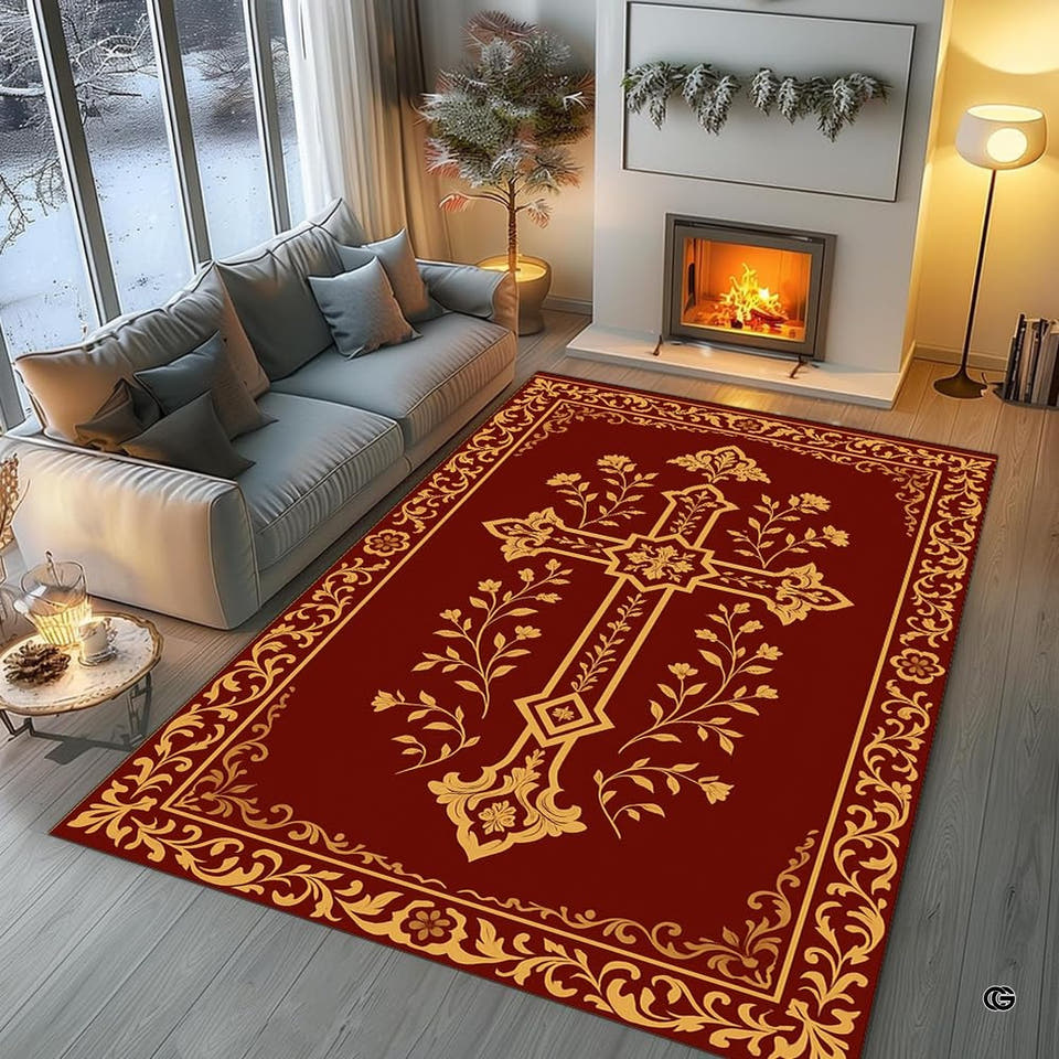 Custom Christian Rug with Name – Inspirational Faith Floral Area Carpet, Non-Skid Floor Mat for Bedroom, Living Room, Church Decor, Housewarming (Corss Faith 05)