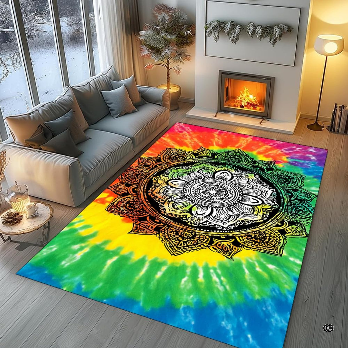 Sacred geometric mandala motif over vivid violet and turquoise sunburst tie dye rug artwork.