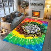 Sacred geometric mandala motif over vivid violet and turquoise sunburst tie dye rug artwork. - thumbnail image 5 of 8