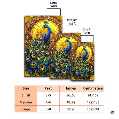 Living room setting featuring a vibrant peacock feather floor rug styled beside a glowing lamp. - thumbnail image 2 of 7
