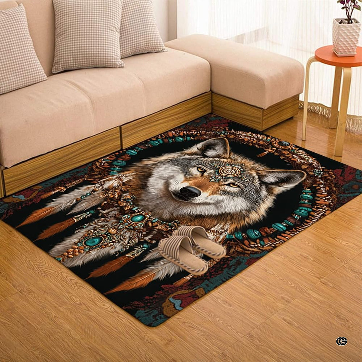 Overhead layout view of the rectangular native wolf spirit turquoise headdress rug - image 7 of 7