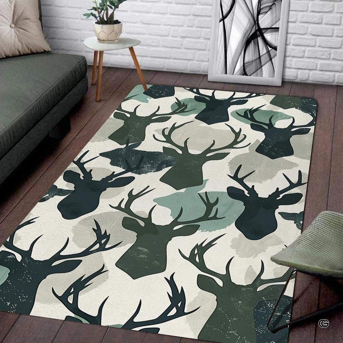 Green pattern area rug showcasing antlered buck silhouettes and watercolor camouflage patches in a living room.
