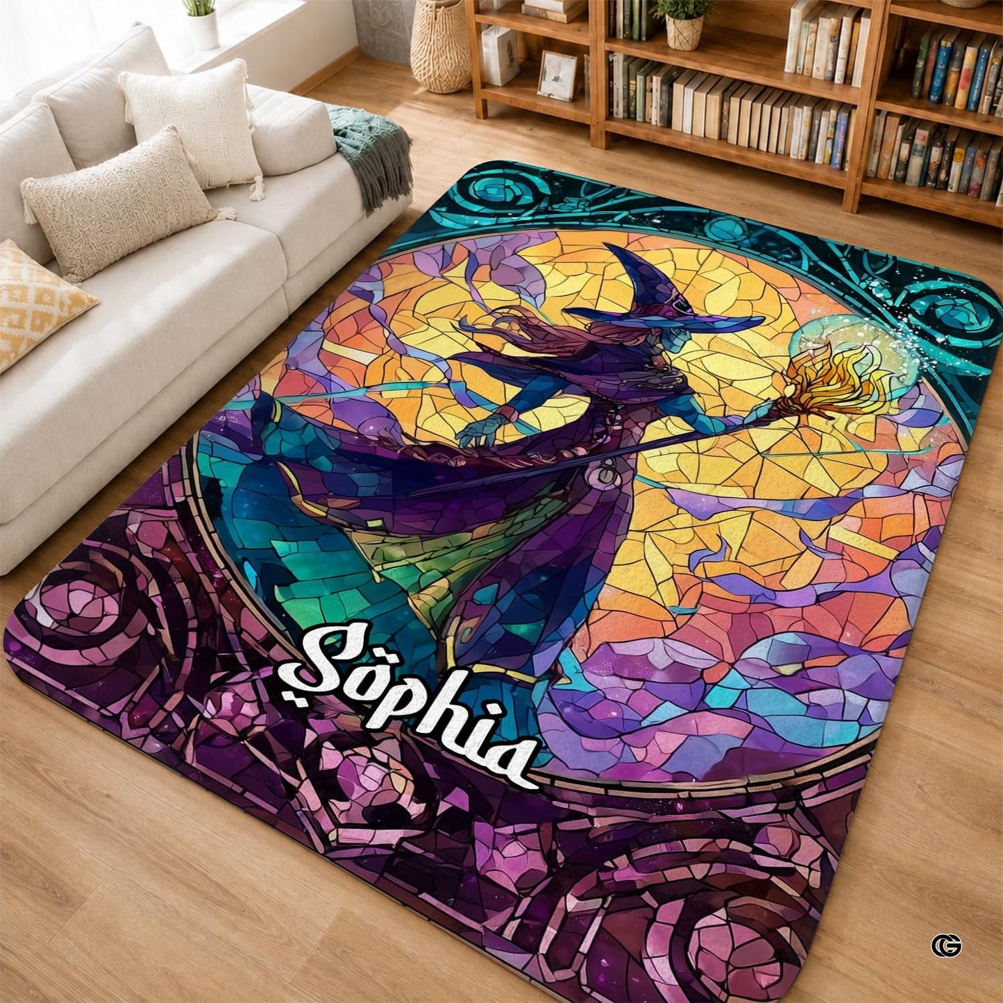 Personalized Witch Area Rug with Name - Custom Halloween Rug, Black Cat & Raven Floor Carpet, Spooky Gothic Home Decor, Non Slip Rugs (Style 2)