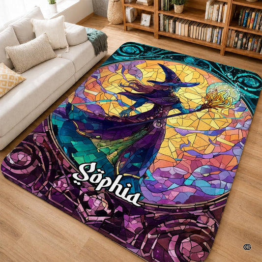 Personalized Witch Area Rug with Name - Custom Halloween Rug, Black Cat & Raven Floor Carpet, Spooky Gothic Home Decor, Non Slip Rugs (Style 2)