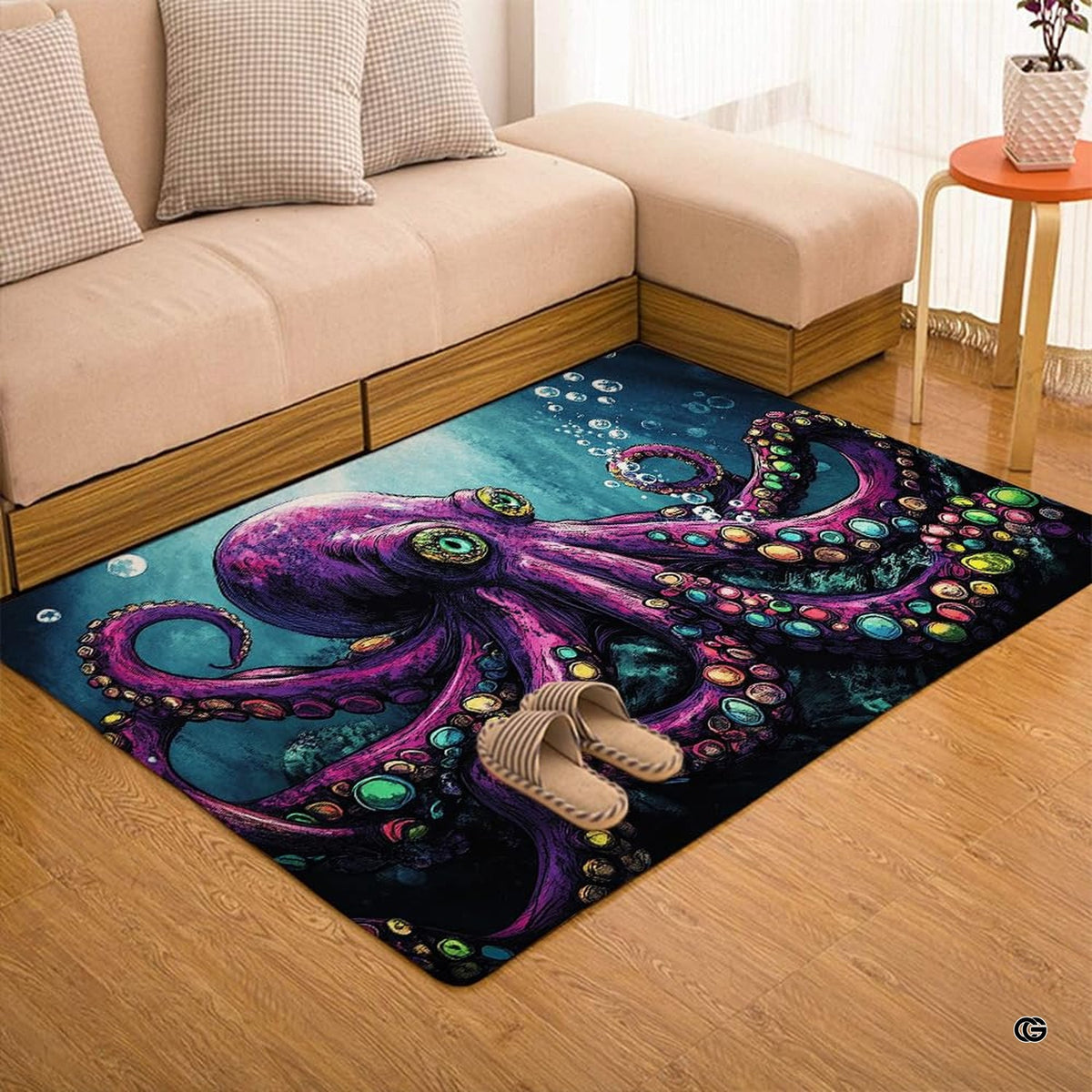 Anti-slip dot backing and clean hemmed edge stitching on purple octopus rug - image 4 of 7