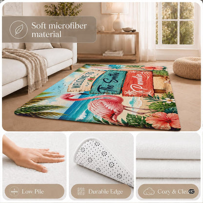 Personalized Tropical Beach Rug, Custom Family Name Tropical Outdoor Rug, Flamingo Surfboard Ocean Area Rug for Living Room, Patio, Beach House Decor, Design 08