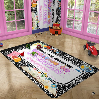 Overhead perspective of marbled pattern floor rug with globe and floral reading motifs. - thumbnail image 2 of 8