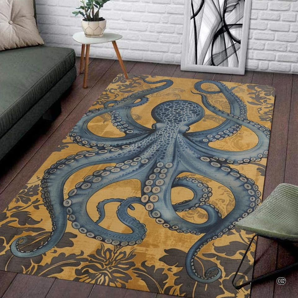 Living room corner setting showing the rectangular blue octopus and mustard damask area rug on wood floors.