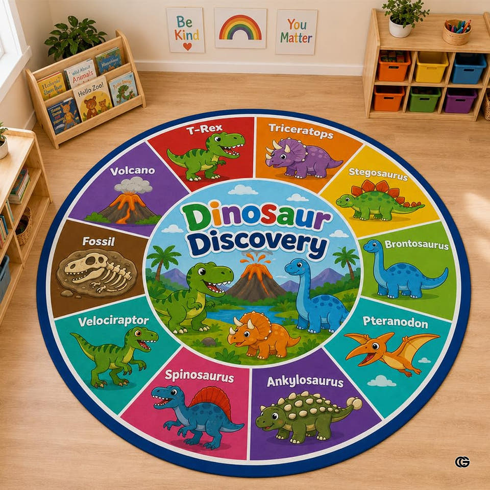 Circular classroom area rug with vibrant prehistoric creatures and colorful perimeter spots