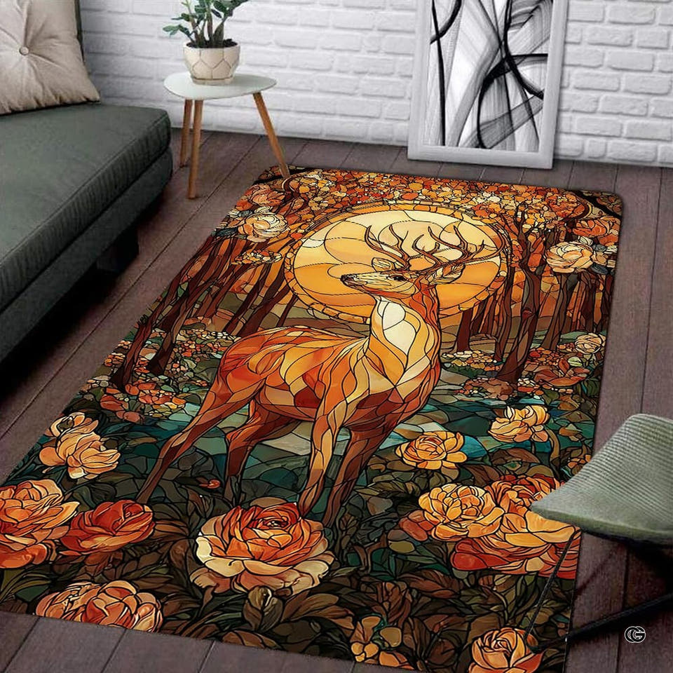 Stained glass mat design featuring a majestic antlered stag amidst roses and autumn woods under a full moon.
