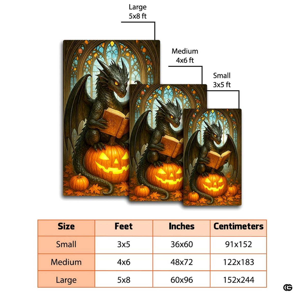 Black winged dragon reading a spellbook while sitting on a carved glowing Halloween pumpkin surrounded by autumn leaves area rug. - image 7 of 8