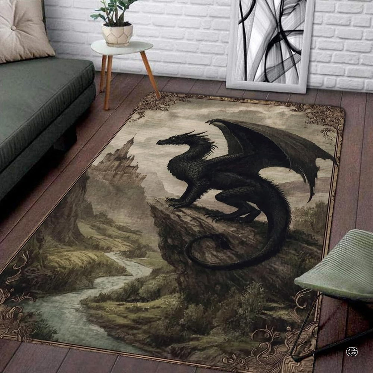 Dramatic black winged dragon perched on a high cliff overlooking an ancient fantasy castle and river valley area rug. - image 7 of 8