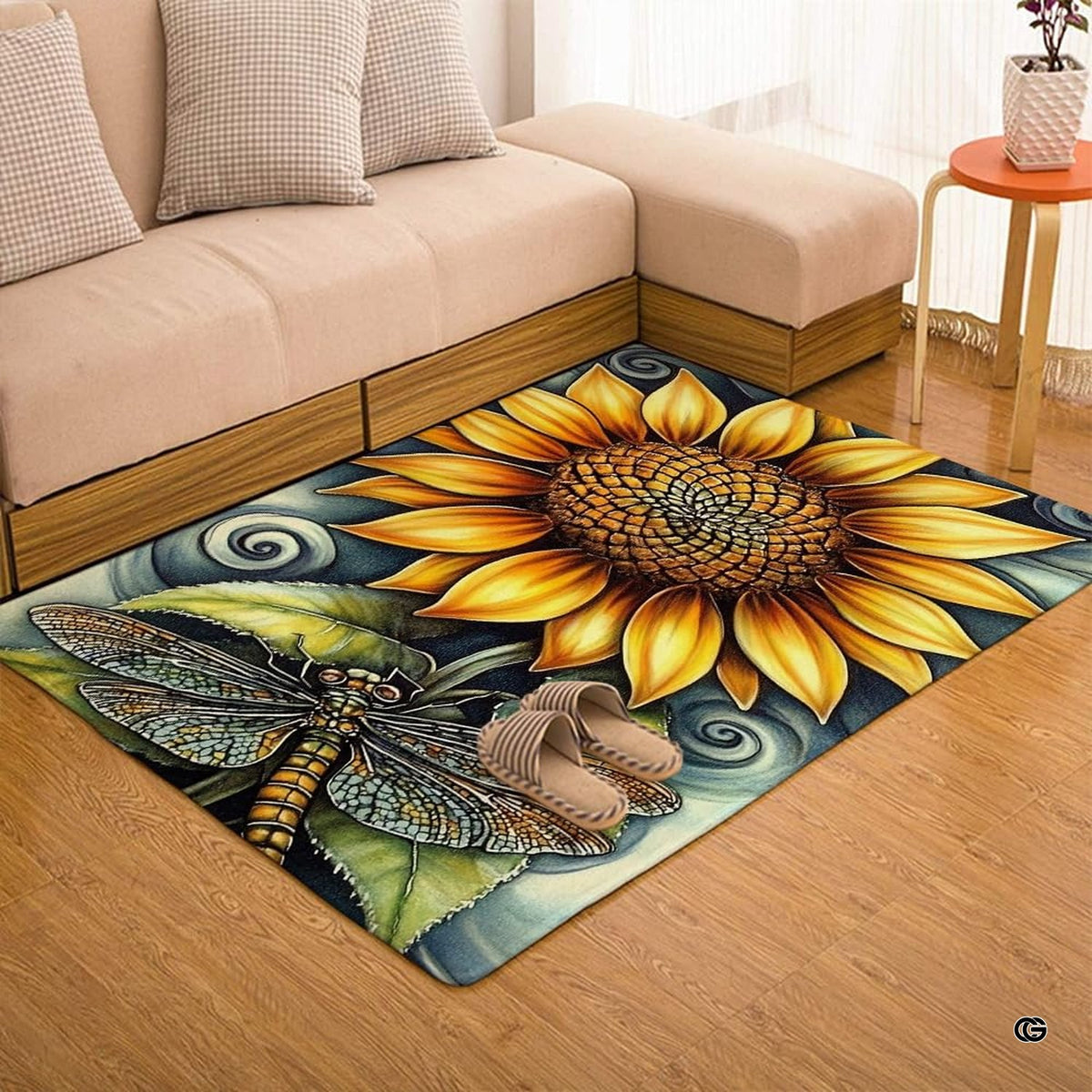 Dragonfly sunflower area rug placed alongside living room couch and accent furniture. - image 7 of 7
