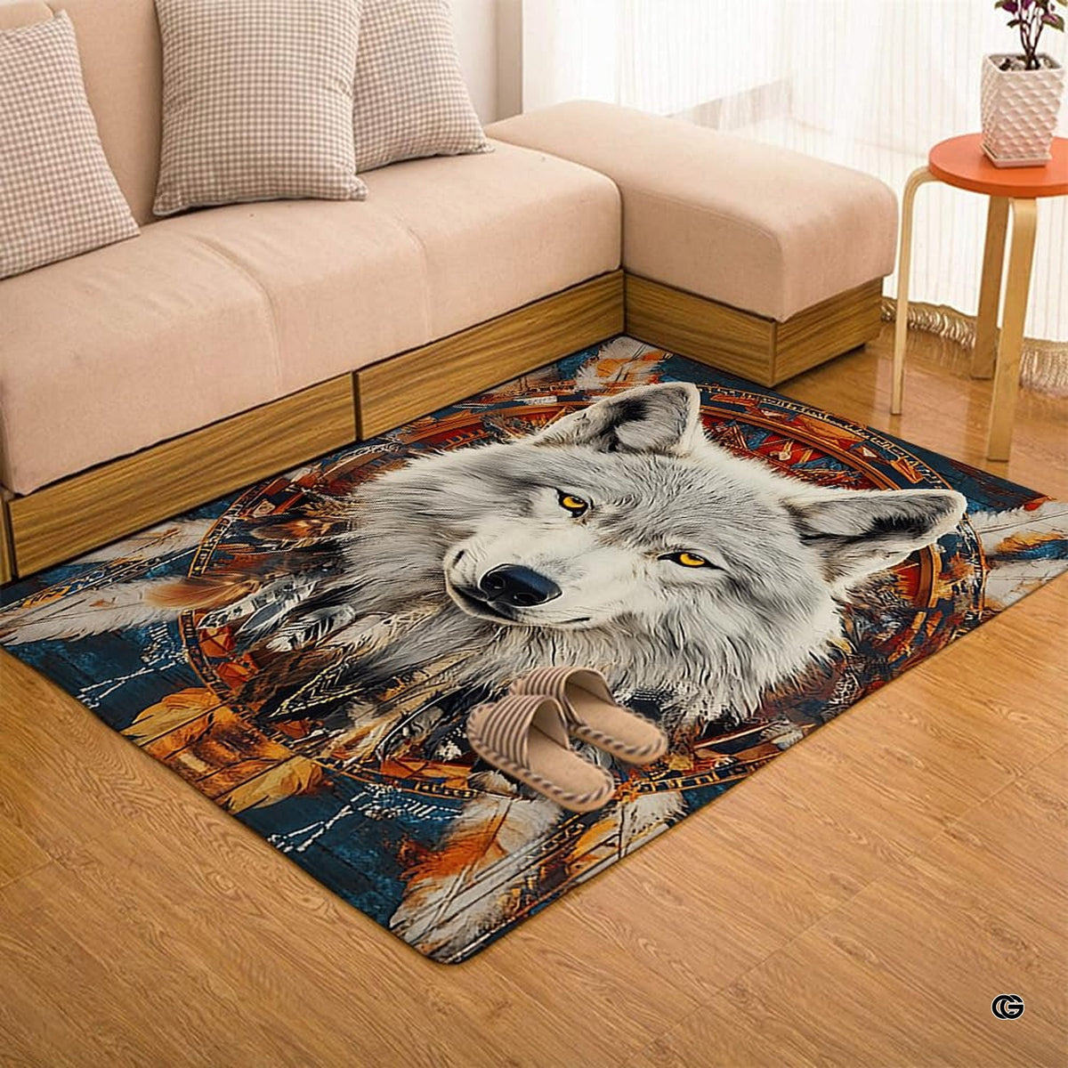 Overhead layout view of the rectangular white wolf spirit dreamcatcher rustic rug - image 7 of 7