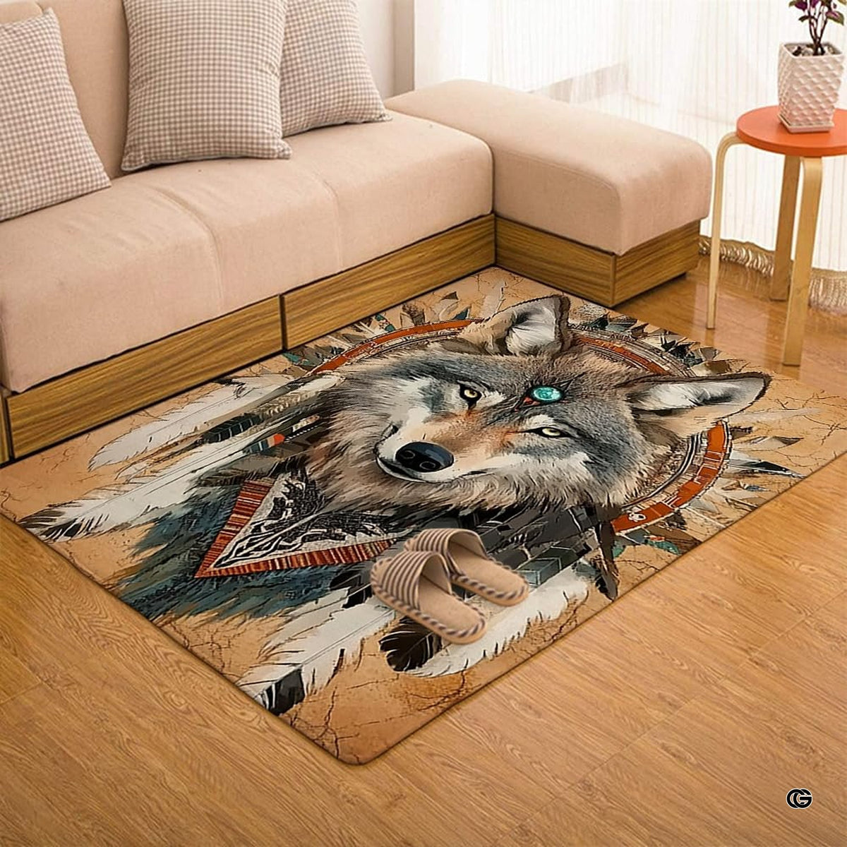 Overhead layout view of the rectangular native wolf warrior eagle feathers rustic rug