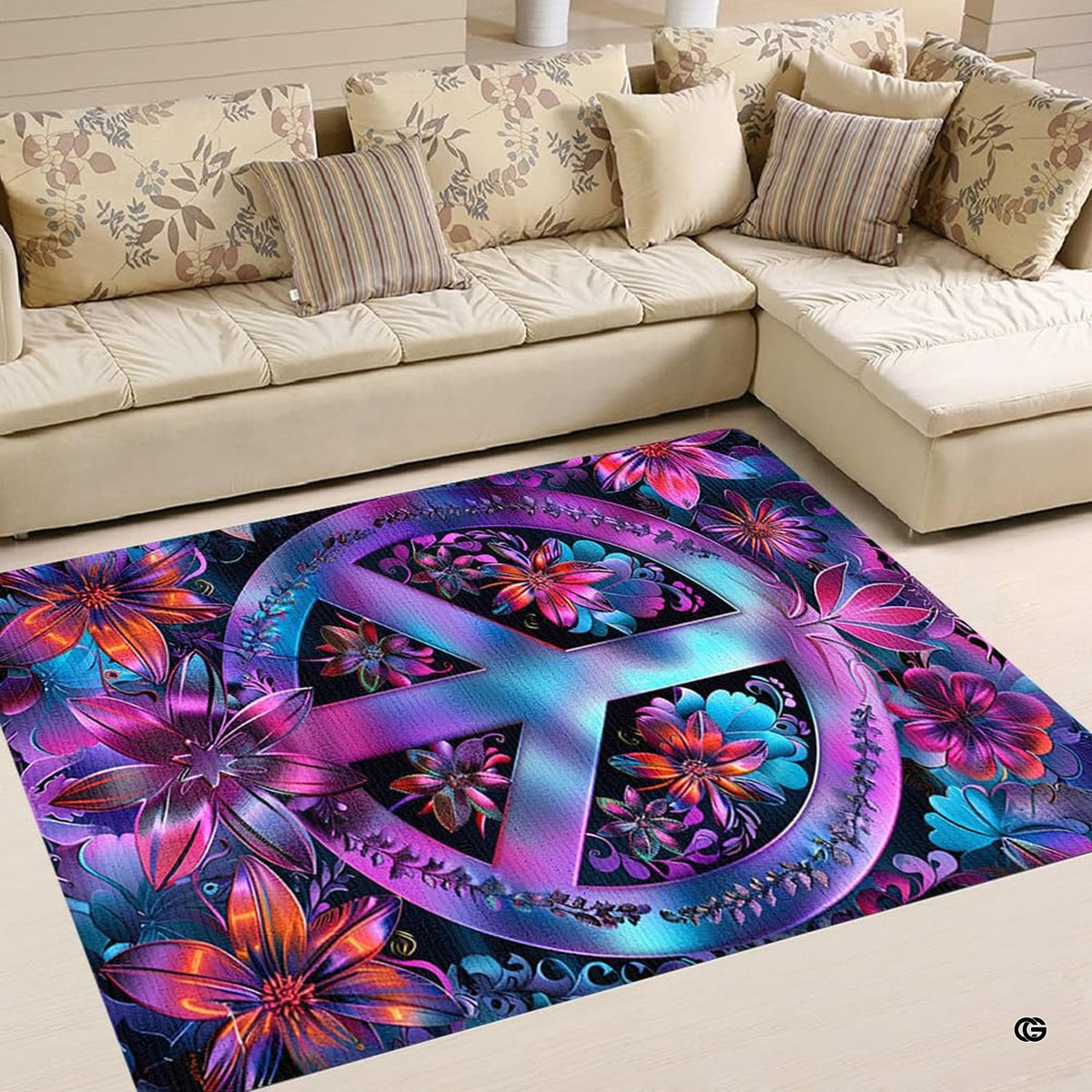 Dimensions and sizing options chart for floral peace sign boho living room area rug - image 2 of 5