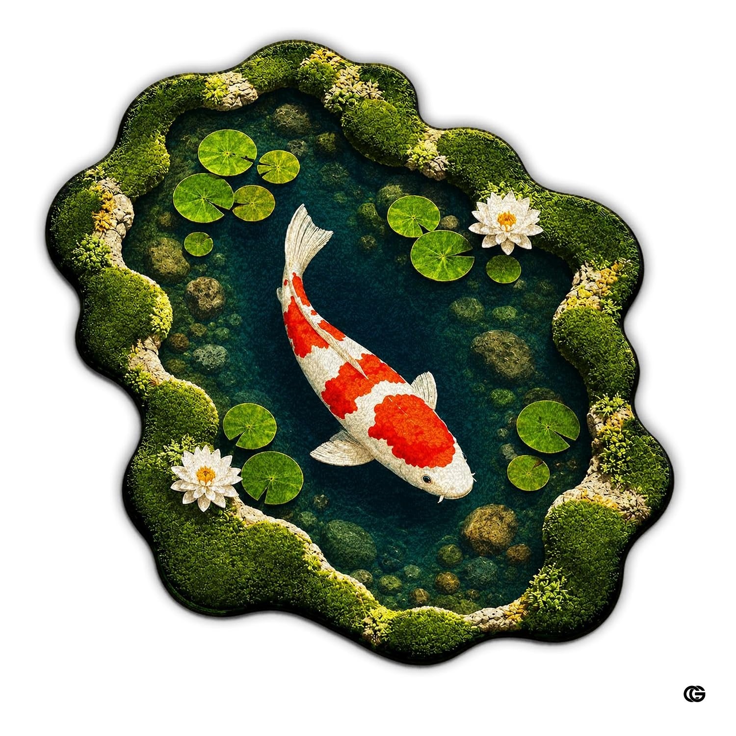 Custom Japanese Koi Fish Shaped Area Rug, Personalized 3D Optical Illusion Koi Pond Lotus Non Slip Washable Shaped Floor Mat, Fish Pond Rugs for Bedroom Living Room Decor (1, D1)